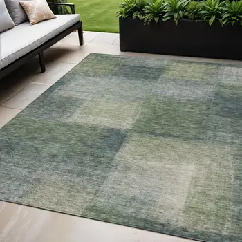 5' X 8' Olive Green And Gray Abstract Washable Indoor Outdoor Area Rug