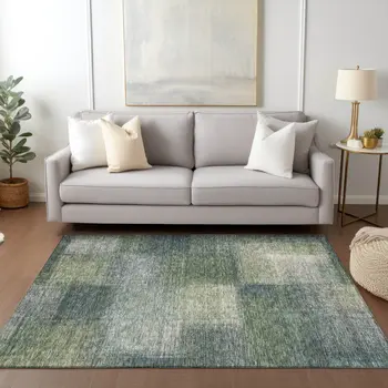 9' X 12' Olive Green And Gray Abstract Washable Indoor Outdoor Area Rug