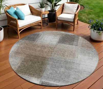 8' Silver Gray And Beige Round Abstract Washable Indoor Outdoor Area Rug
