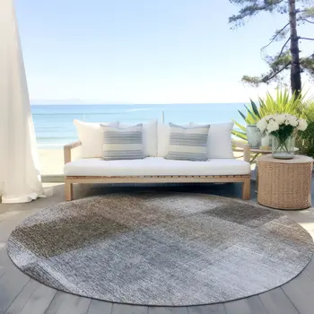 8' Silver Gray And Beige Round Abstract Washable Indoor Outdoor Area Rug