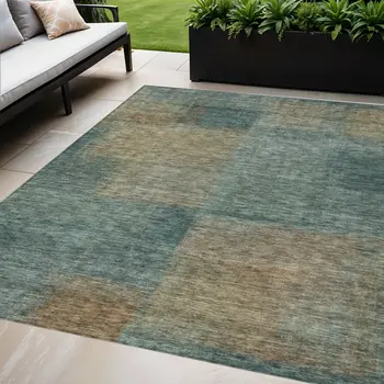 3' X 5' Teal Blue Brown And Taupe Abstract Washable Indoor Outdoor Area Rug