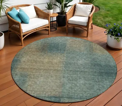 8' Teal Blue Brown And Taupe Round Abstract Washable Indoor Outdoor Area Rug