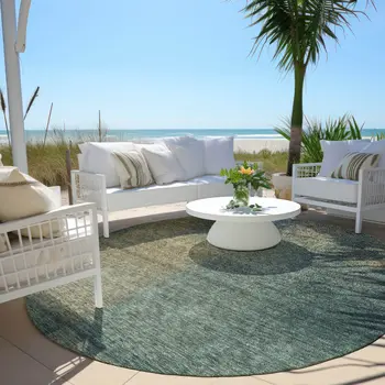 8' Teal Blue Brown And Taupe Round Abstract Washable Indoor Outdoor Area Rug