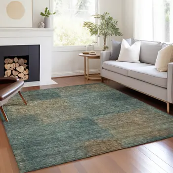 8' X 10' Teal Blue Brown And Taupe Abstract Washable Indoor Outdoor Area Rug