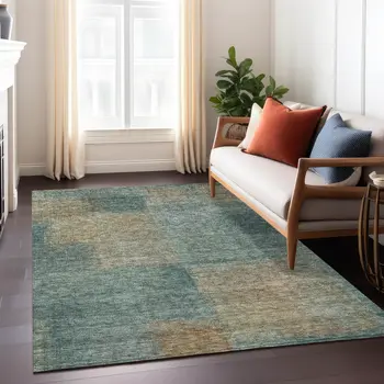 8' X 10' Teal Blue Brown And Taupe Abstract Washable Indoor Outdoor Area Rug