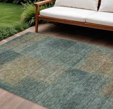 10' X 14' Teal Blue Brown And Taupe Abstract Washable Indoor Outdoor Area Rug