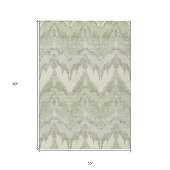 3' X 5' Artichoke Green And Beige Ikat Washable Indoor Outdoor Area Rug