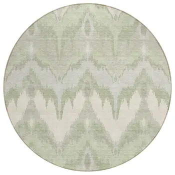 8' Artichoke Green And Beige Round Ikat Washable Indoor Outdoor Area Rug