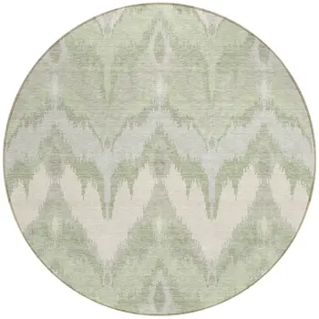 8' Artichoke Green And Beige Round Ikat Washable Indoor Outdoor Area Rug
