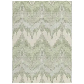 9' X 12' Artichoke Green And Beige Ikat Washable Indoor Outdoor Area Rug