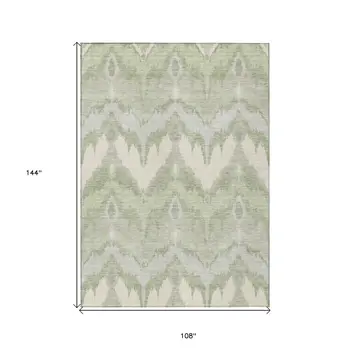 9' X 12' Artichoke Green And Beige Ikat Washable Indoor Outdoor Area Rug
