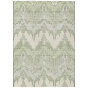 9' X 12' Artichoke Green And Beige Ikat Washable Indoor Outdoor Area Rug