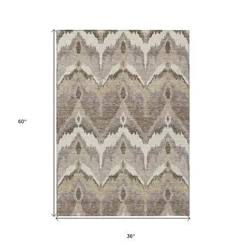 3' X 5' Beige Chocolate And Taupe Ikat Washable Indoor Outdoor Area Rug