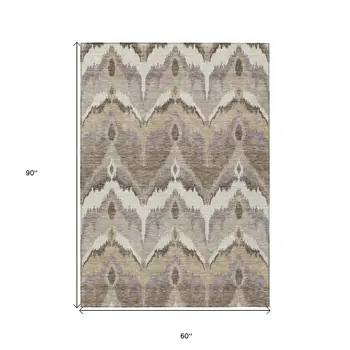 5' X 8' Beige Chocolate And Taupe Ikat Washable Indoor Outdoor Area Rug