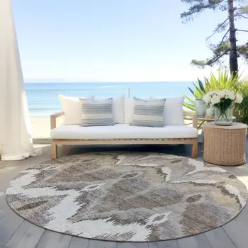 8' Beige Chocolate And Taupe Round Ikat Washable Indoor Outdoor Area Rug