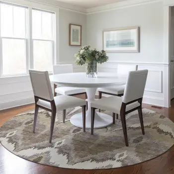 8' Beige Chocolate And Taupe Round Ikat Washable Indoor Outdoor Area Rug