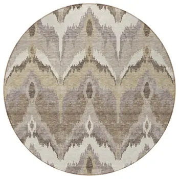 8' Beige Chocolate And Taupe Round Ikat Washable Indoor Outdoor Area Rug
