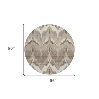 8' Beige Chocolate And Taupe Round Ikat Washable Indoor Outdoor Area Rug