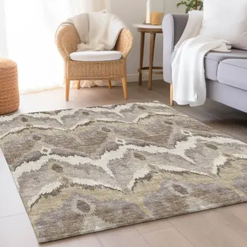 9' X 12' Beige Chocolate And Taupe Ikat Washable Indoor Outdoor Area Rug