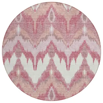 8' Blush Mauve And Ivory Round Ikat Washable Indoor Outdoor Area Rug