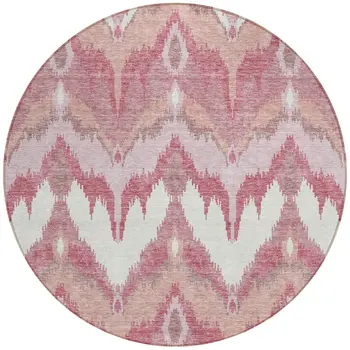 8' Blush Mauve And Ivory Round Ikat Washable Indoor Outdoor Area Rug