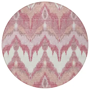 8' Blush Mauve And Ivory Round Ikat Washable Indoor Outdoor Area Rug