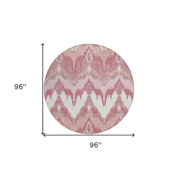 8' Blush Mauve And Ivory Round Ikat Washable Indoor Outdoor Area Rug