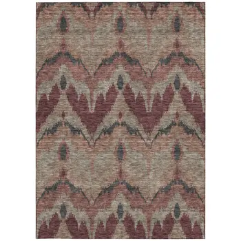 3' X 5' Burgundy Beige And Charcoal Ikat Washable Indoor Outdoor Area Rug