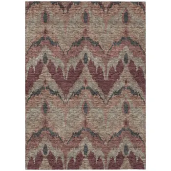 3' X 5' Burgundy Beige And Charcoal Ikat Washable Indoor Outdoor Area Rug