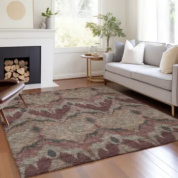 3' X 5' Burgundy Beige And Charcoal Ikat Washable Indoor Outdoor Area Rug