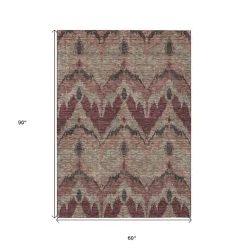 5' X 8' Burgundy Beige And Charcoal Ikat Washable Indoor Outdoor Area Rug