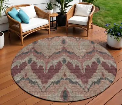 8' Burgundy Beige And Charcoal Round Ikat Washable Indoor Outdoor Area Rug
