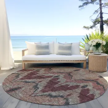 8' Burgundy Beige And Charcoal Round Ikat Washable Indoor Outdoor Area Rug