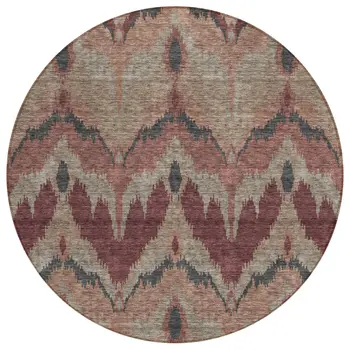 8' Burgundy Beige And Charcoal Round Ikat Washable Indoor Outdoor Area Rug