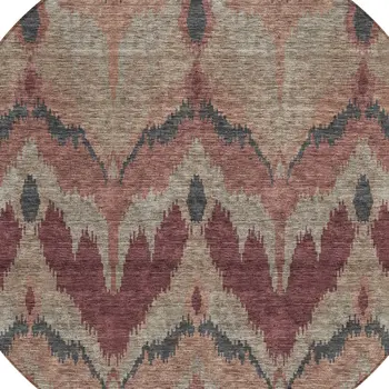 8' Burgundy Beige And Charcoal Round Ikat Washable Indoor Outdoor Area Rug