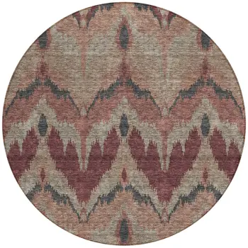 8' Burgundy Beige And Charcoal Round Ikat Washable Indoor Outdoor Area Rug