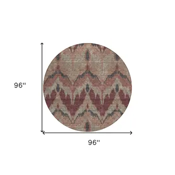 8' Burgundy Beige And Charcoal Round Ikat Washable Indoor Outdoor Area Rug