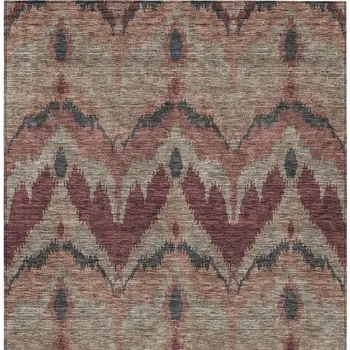 8' X 10' Burgundy Beige And Charcoal Ikat Washable Indoor Outdoor Area Rug