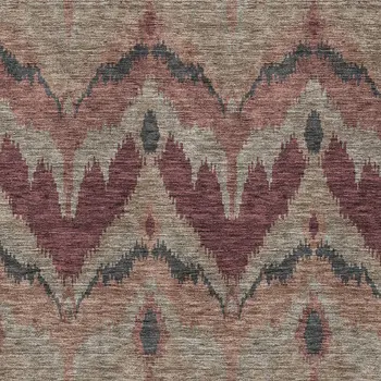 8' X 10' Burgundy Beige And Charcoal Ikat Washable Indoor Outdoor Area Rug