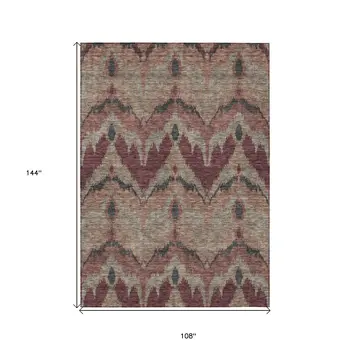 9' X 12' Burgundy Beige And Charcoal Ikat Washable Indoor Outdoor Area Rug