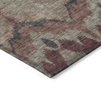 9' X 12' Burgundy Beige And Charcoal Ikat Washable Indoor Outdoor Area Rug