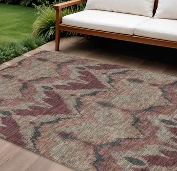 10' X 14' Burgundy Beige And Charcoal Ikat Washable Indoor Outdoor Area Rug