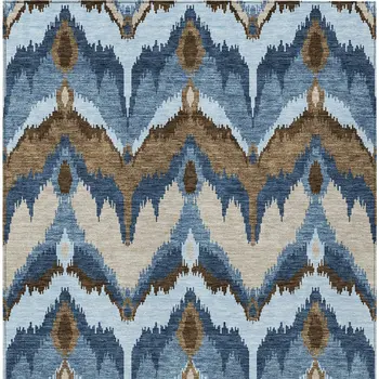 3' X 5' Denim Blue And Sky Blue Ikat Washable Indoor Outdoor Area Rug