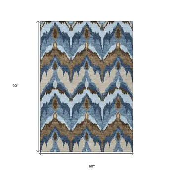 5' X 8' Denim Blue And Sky Blue Ikat Washable Indoor Outdoor Area Rug