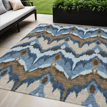 5' X 8' Denim Blue And Sky Blue Ikat Washable Indoor Outdoor Area Rug