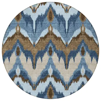 8' Denim Blue And Sky Blue Round Ikat Washable Indoor Outdoor Area Rug