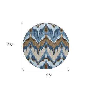 8' Denim Blue And Sky Blue Round Ikat Washable Indoor Outdoor Area Rug