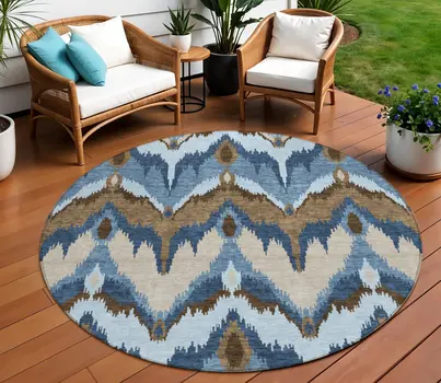 8' Denim Blue And Sky Blue Round Ikat Washable Indoor Outdoor Area Rug