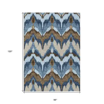 8' X 10' Denim Blue And Sky Blue Ikat Washable Indoor Outdoor Area Rug
