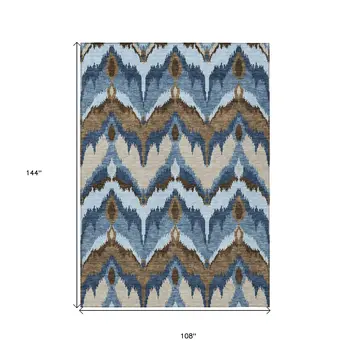 9' X 12' Denim Blue And Sky Blue Ikat Washable Indoor Outdoor Area Rug